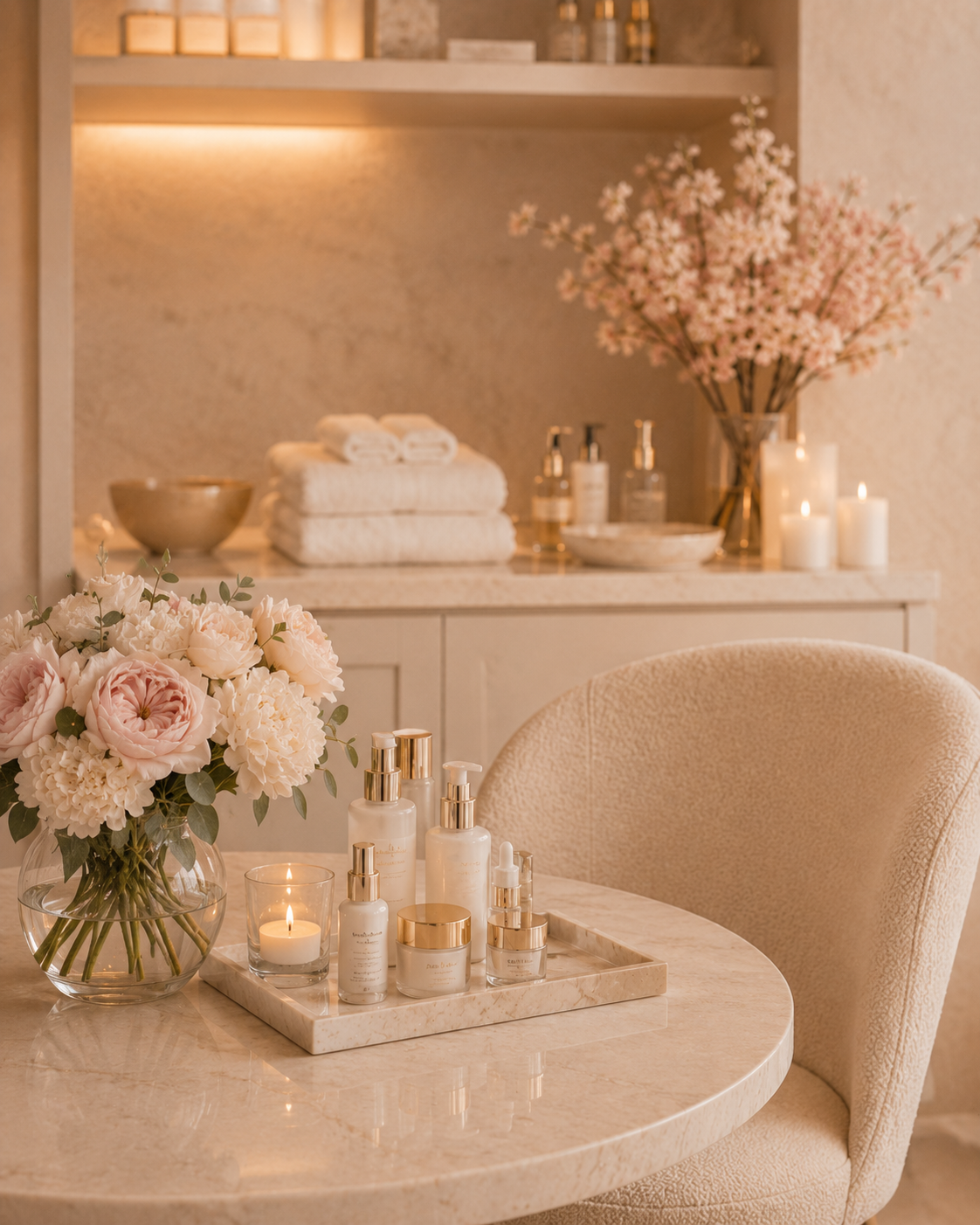 Rhea Aesthetics — calm treatment room with flowers and candles for FAQs and aftercare guidance.