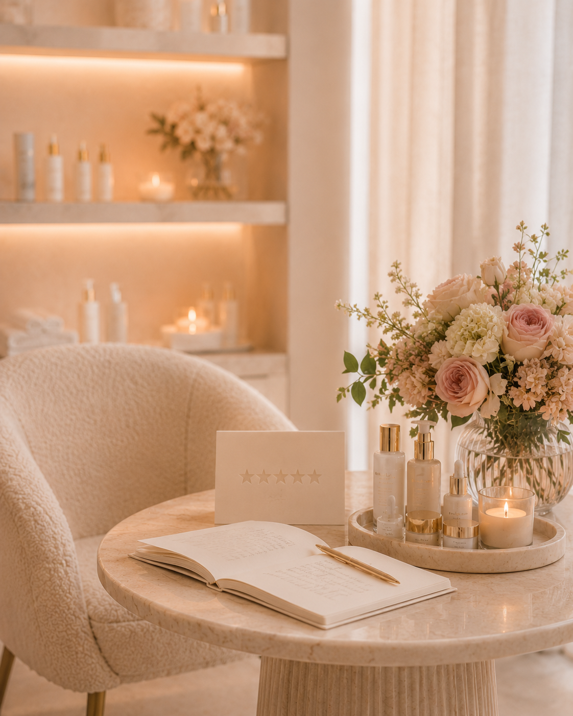 Rhea Aesthetics — calm treatment space with five-star review card, fresh roses, and curated skincare.