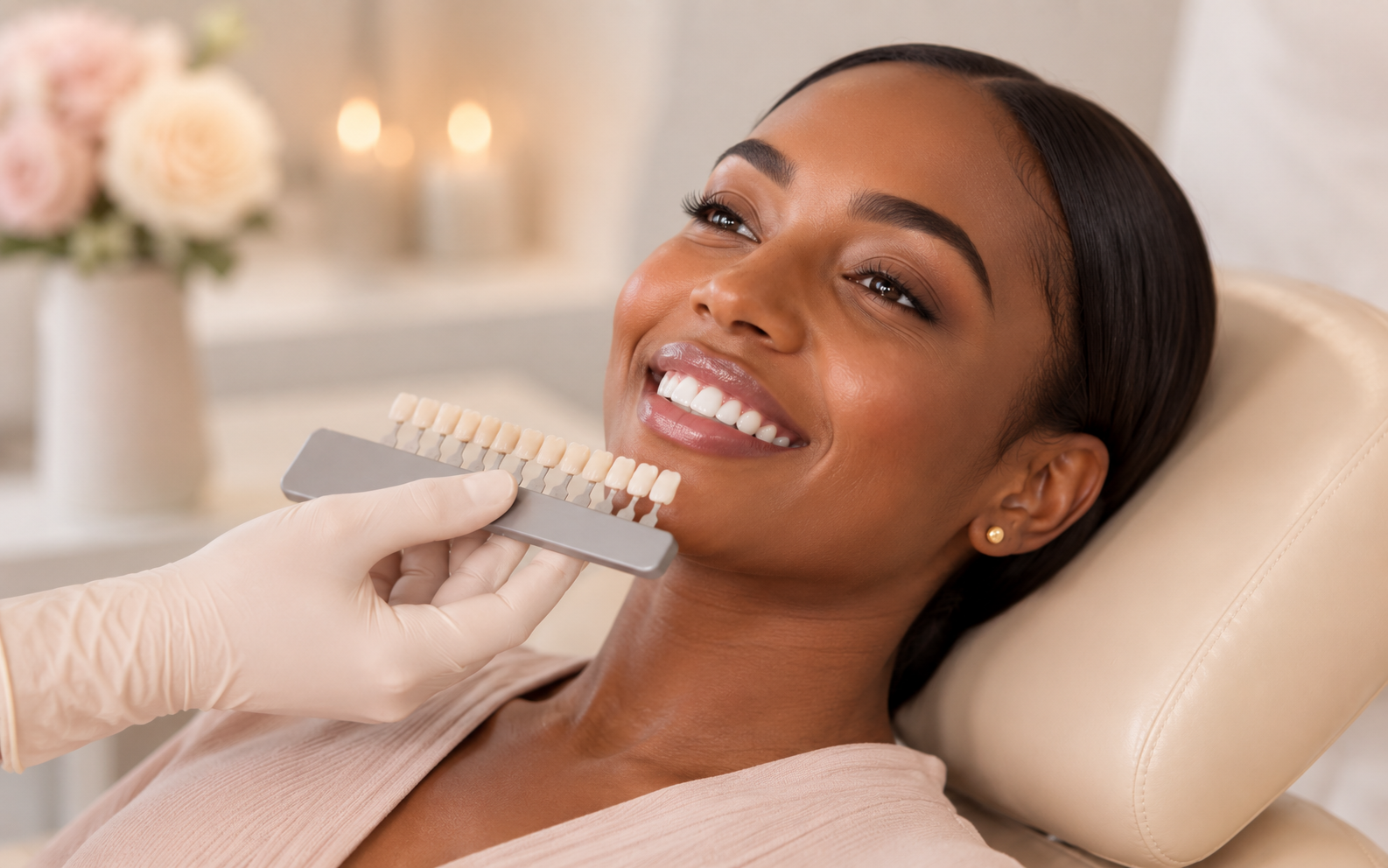 Teeth whitening treatment for a brighter, whiter smile at Rhea Aesthetics.